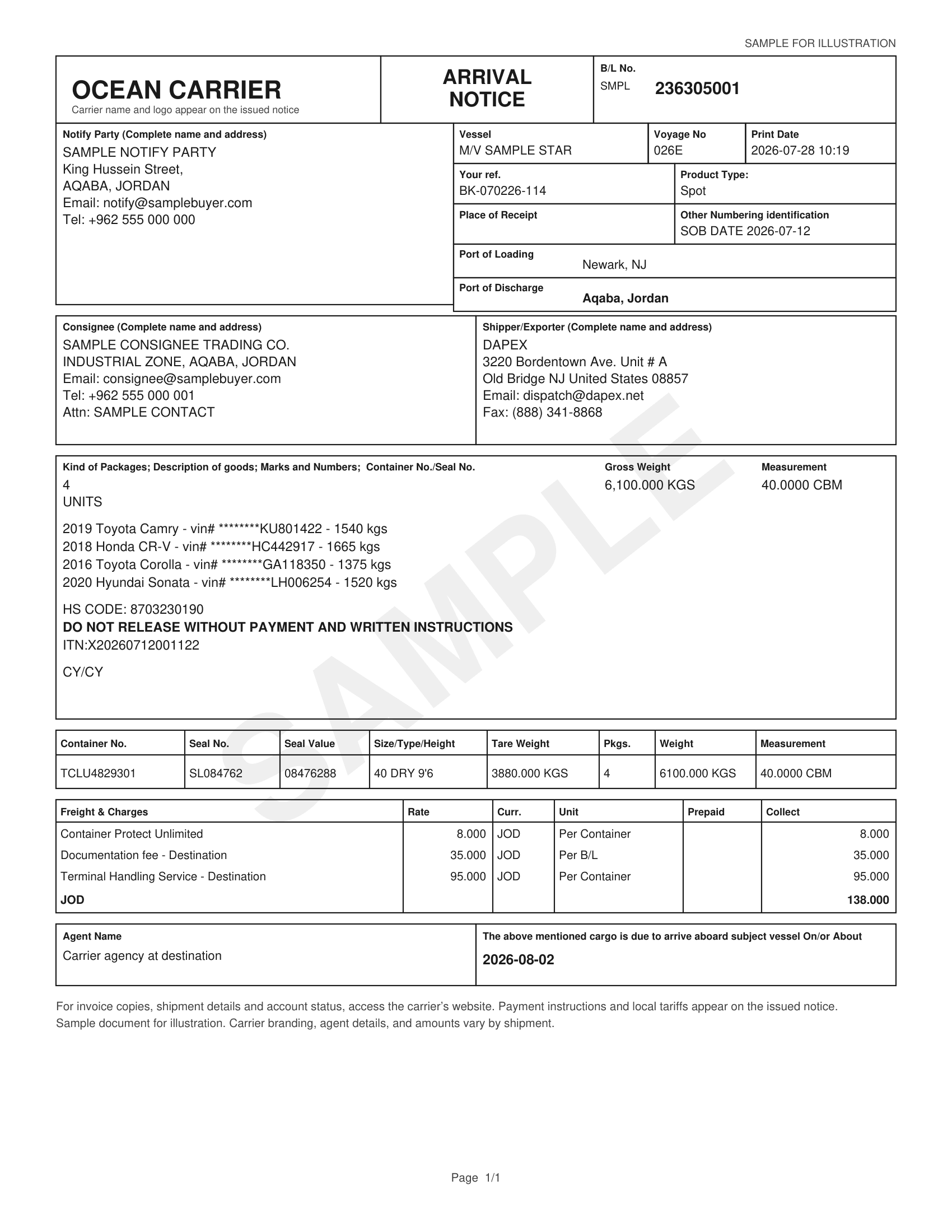 Sample Dapex Arrival notice