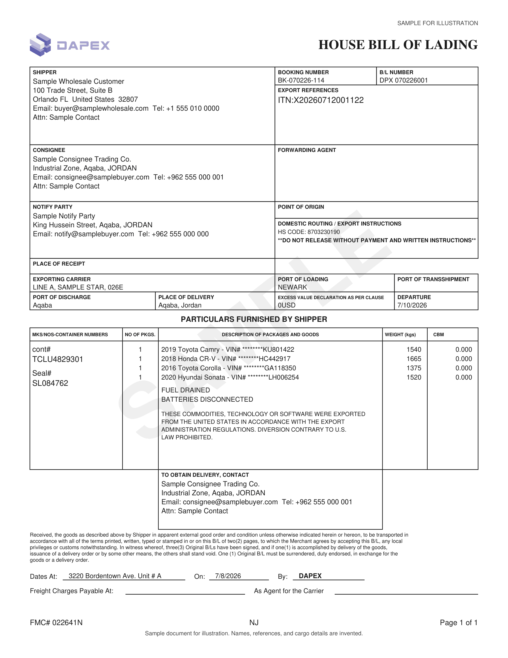Sample Dapex House Bill of Lading