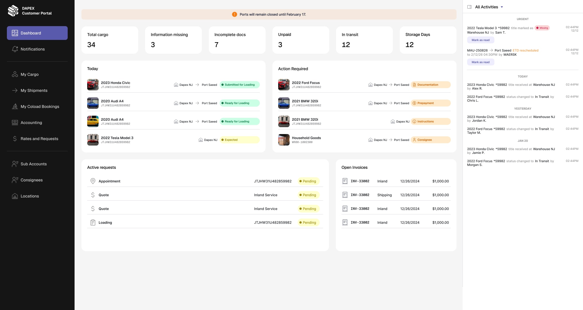 MyDapex dashboard: cargo counters, today's movements, action-required list, open invoices and an activity feed.