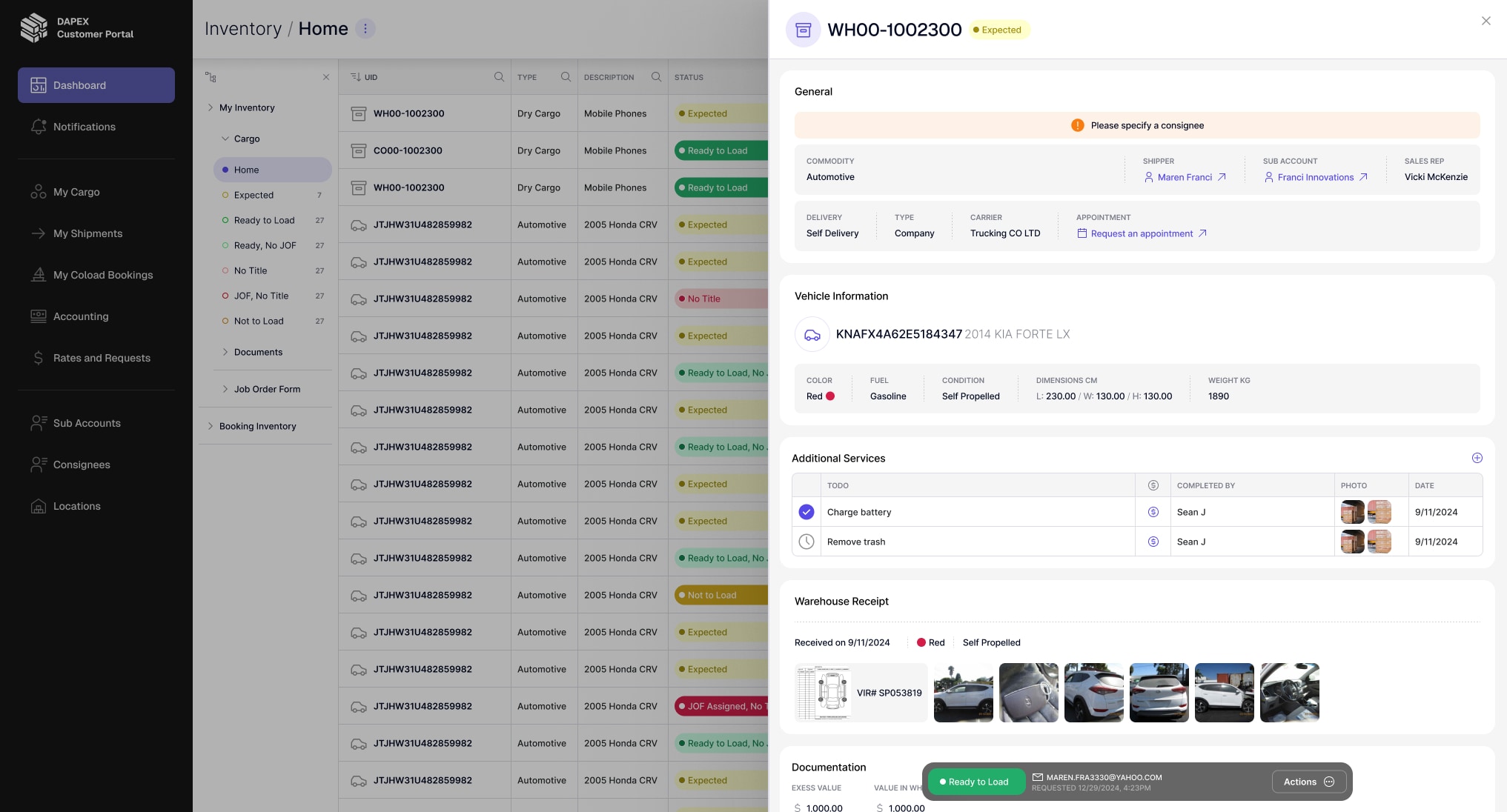 MyDapex inventory table with a vehicle detail panel: VIN, condition, warehouse receipt photos and documentation.