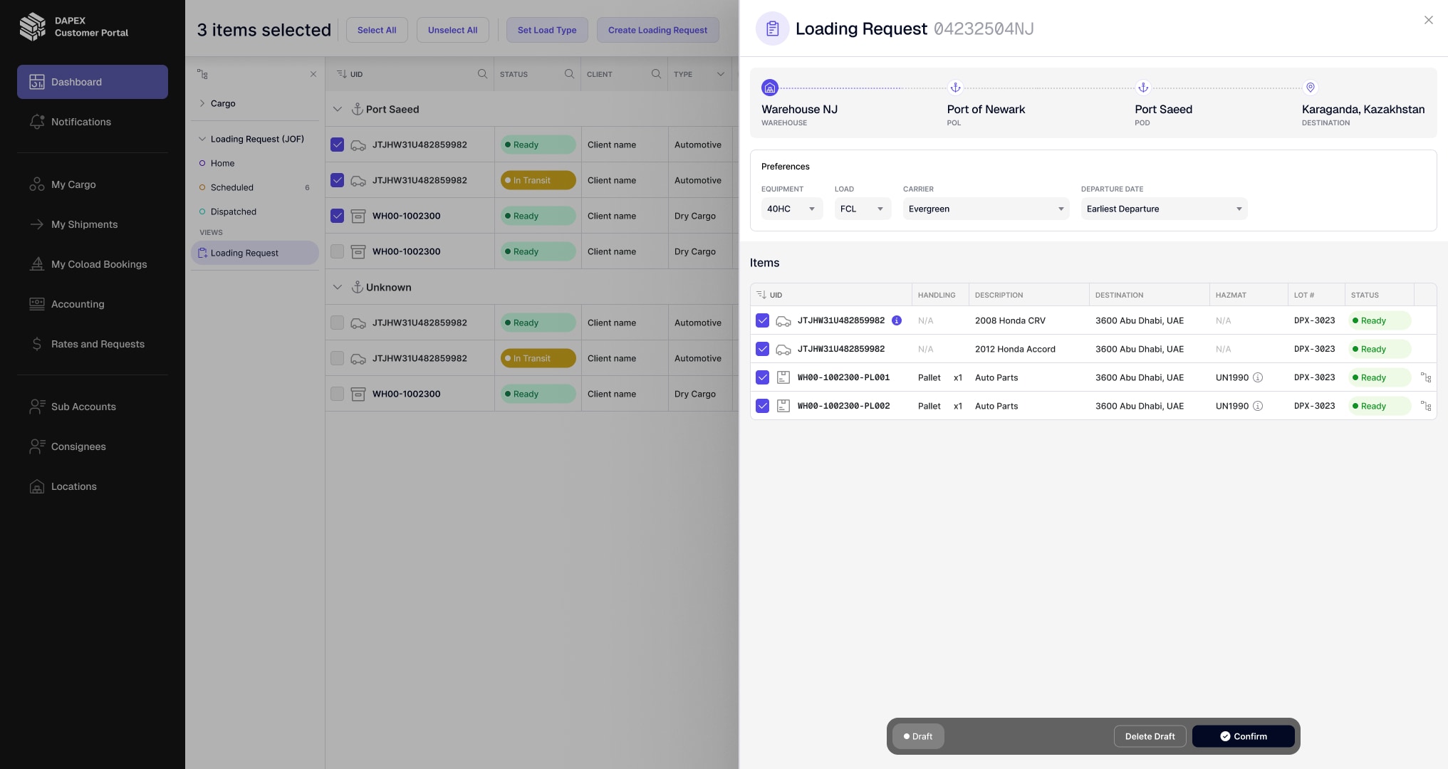 MyDapex loading request: route from warehouse to destination, equipment and carrier preferences, and the selected items.