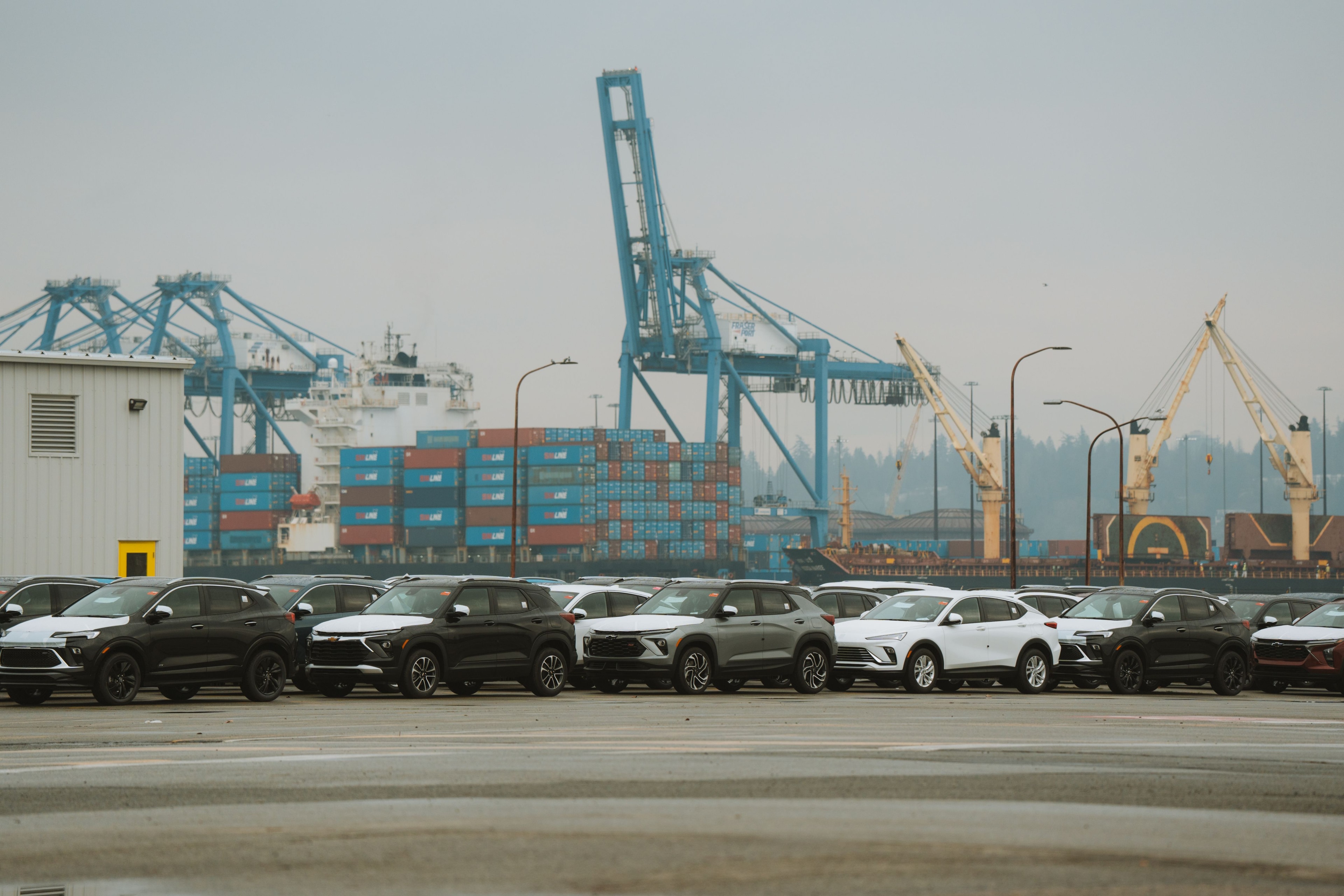 Rows of new SUVs staged at a port with container gantry cranes behind