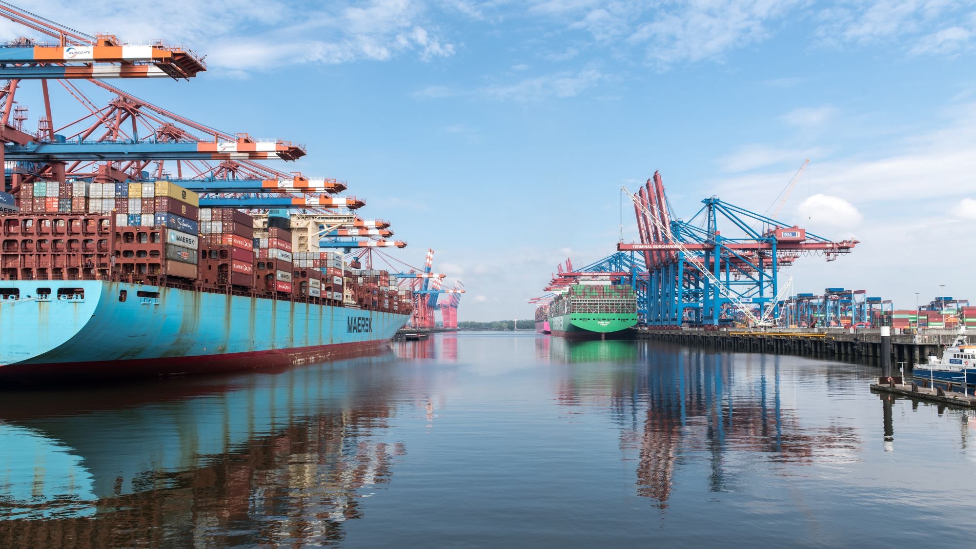 Container ships and gantry cranes at a port terminal